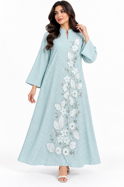 White colour Luxurious Women's Jalabiya with 3D Floral Embroidery - Elegant a...