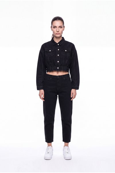 Machinist Women's Crop Oversize Distressed Jean Jacket Black