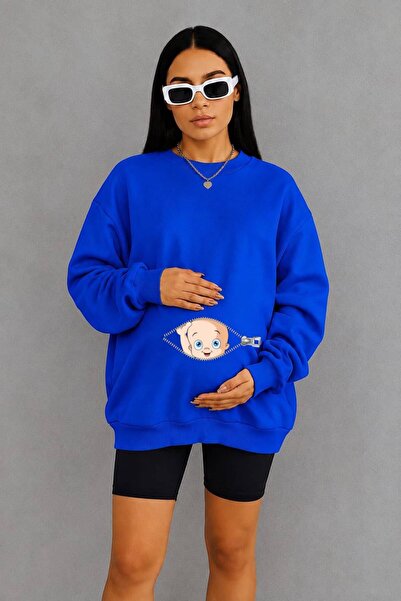 BENROMA 3 Yarn Combed Cotton Zippered Maternity Sweatshirt with Baby Print In...