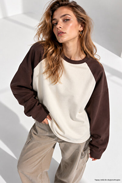 WILD BEE Kadın Kahverengi Krem Oversize Reglan Kol Pamuklu Sweatshirt