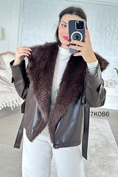 İnce Topuk Fur Collar Belted Leather Coat 7K086
