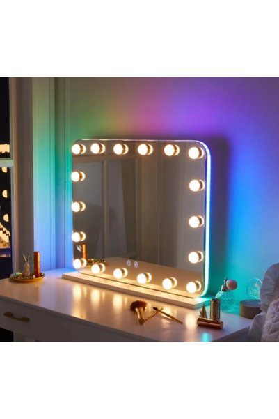 Mobatelier Oglindă cosmetică HOLLYWOOD, 18 becuri LED RGB Multicolor, 3 modur...