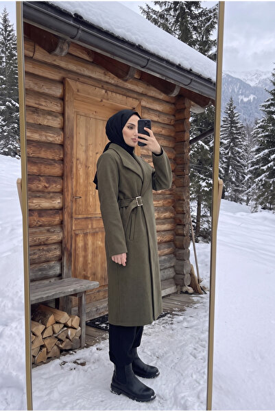 Kirazca Butik Women's Shawl Collar Belted Cashmere Coat – Long Length with Po...