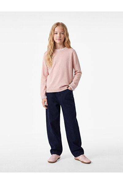 Koton Pulover din tricotaj cu mânecă scurtă și guler tip crewneck, cu dantelă