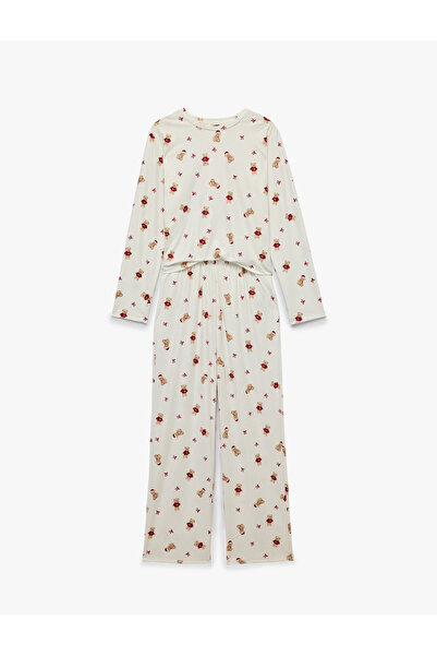 Koton Rahat Kesim Uzun Kollu Bisiklet Yaka Ayıcık Baskılı Pijama Takımı