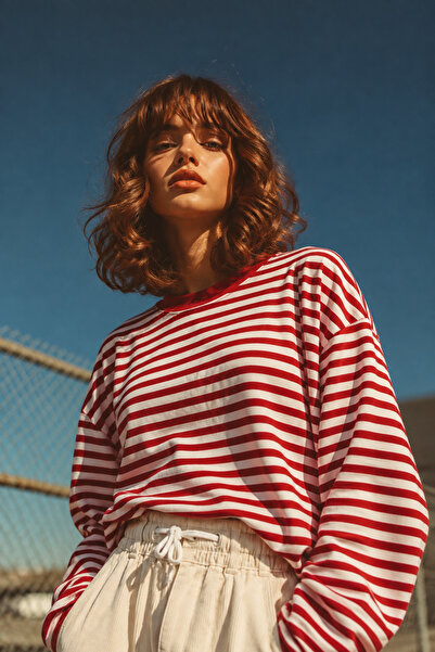 Mixray 2265 Kadın Çizgili Bisiklet Yaka Oversize Sweatshirt Kırmızı