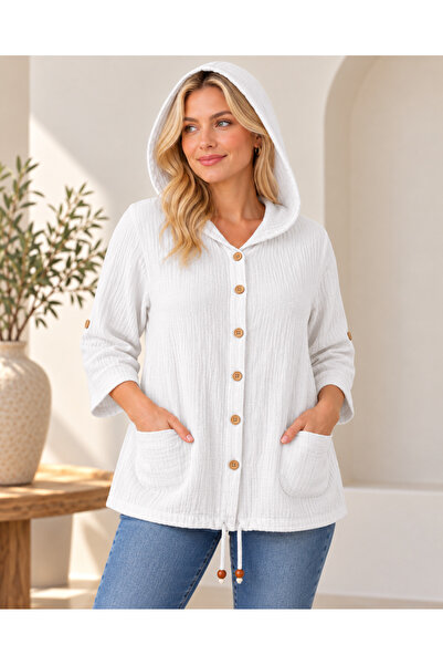 MARWARİ OTANTİK BUTİK Women's Hooded Buttoned Double Pocket Muslin Jacket, Si...