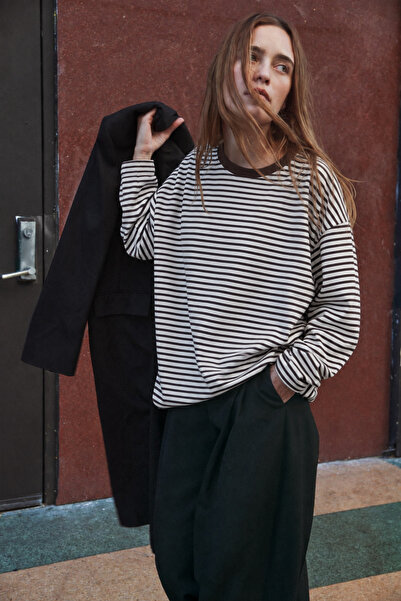 Mixray 2265 Kadın Çizgili Bisiklet Yaka Oversize Sweatshirt Kahve