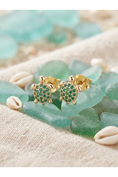 Peach Jewelry Peach Jewerly Σκουλαρίκια Από Ασήμι 925 Χελωνάκι Με Πράσινα Ζιρ...