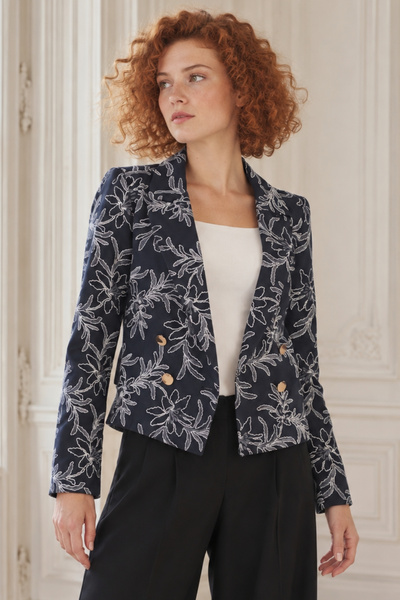 armonika Women's Dark Navy Blue Double-Breasted Collar Patterned Crop Jacket ...