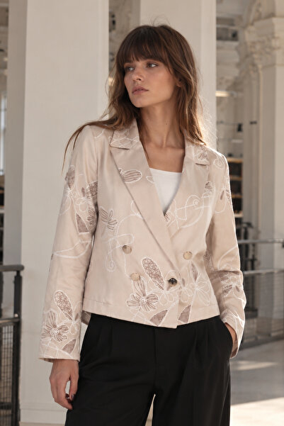 armonika Women's Beige Double-Breasted Collar Patterned Crop Jacket Arm-27K00...