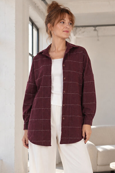 armonika Women's Dark Burgundy Patterned Oversize Long Basic Shirt Arm-27K001027