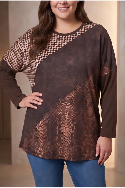 RMG Printed and Stone Detailed Plus Size Knitted Blouse Brown