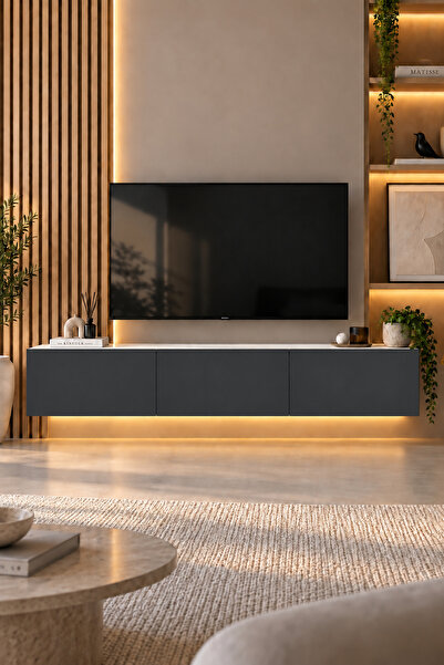 izcodesign Led'li ışıklı 150 cm üç kapaklı modern,geniş tv ünitesi,düşer kapa...