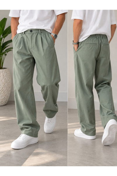 Erkek %100 Pamuk Baggy Pantolon – Rahat Kesim Beli Lastikli Yeşil Pantolon