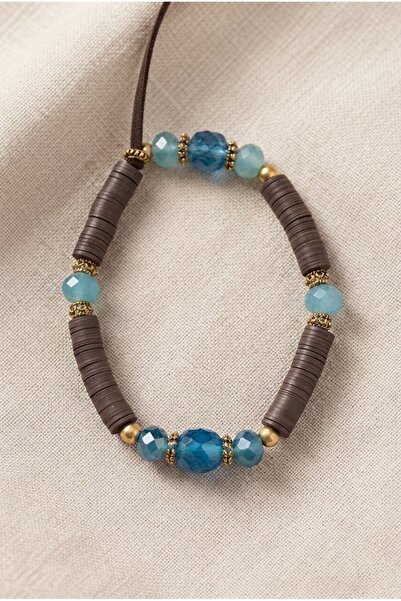ZGNOVA Handmade Antique Brass Sequin and Blue Glass Bead Detailed Flexible Br...