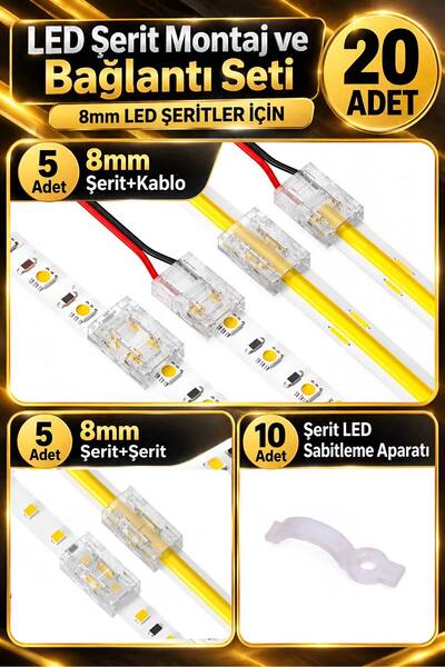 Nexo 8mm LED Şerit Montaj ve Bağlantı Seti 20 Parça – Şerit+Kablo, Şerit+Şeri...