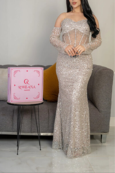Rwznan fashion فستان سهرة "روزانا" فضي مرصع بكورسيه ملكي