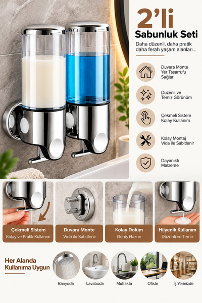 NOKKA 2’li Sıvı Sabunluk 450 ml Çekmeli Sistem Banyo Mutfak Şampuan Duş Jeli ...