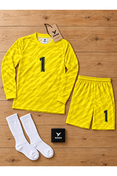 The RAVEN PREMİUM KALECİ ÇOCUK FUTBOL FORMA SETİ SARI 4 PARÇA FORMA + ŞORT + ...