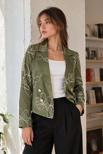 armonika Kadın Yeşil Kruvaze Yaka Desenli Crop Ceket ARM-27K001025