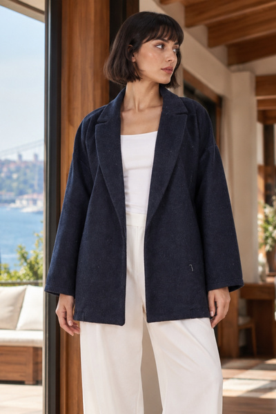 armonika Kadın Lacivert Erkek Yaka Yanları Yırtmaçlı Oversize Ceket ARM-26K00...