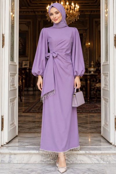 N.S NEVA STYLE Balon Kol Lilac Hijab Evening Dress 62251Lila