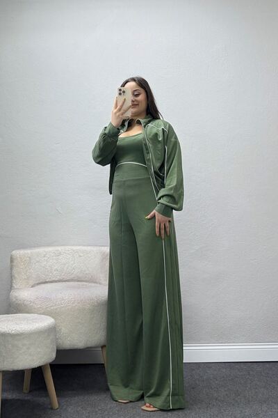BELENDİR Women's Modal Jacketed Ribbed Jumpsuit Set Khaki