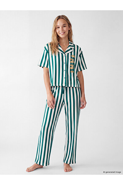LC Waikiki Alita City Farkıyla Lcw Young Ecru Combed Cotton Striped Short Sle...