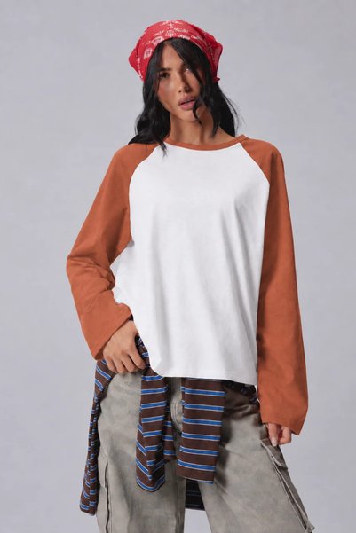 Tarz Cool Women's Oversize Contrast Sleeve Raglan Crew Neck Drop Shoulder T-S...