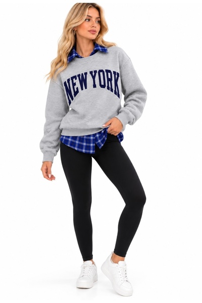 Kadın gri gömlek detaylı ekose sweatshirt