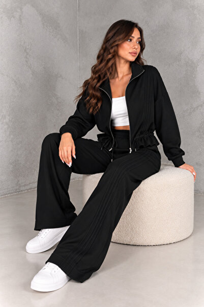 Kadın Beli Büzgülü Fermuarlı Ceket Wide Leg Pantolon Takım