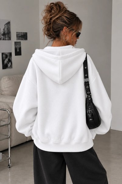 Tarz Cool Women's Oversize Hooded Zippered Sweatshirt with 3 Thread Pockets