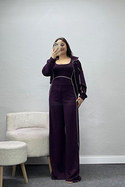 BELENDİR Women's Modal Jacketed Ribbed Jumpsuit Set Purple