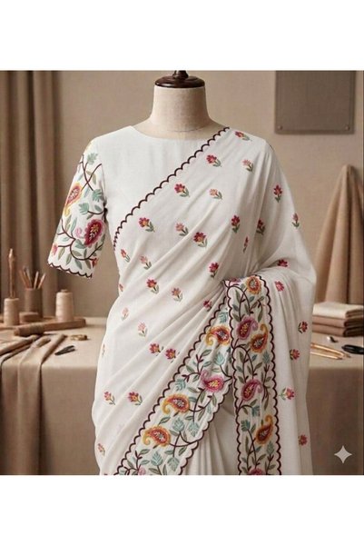 MYSMAR White Georgette Floral Embroidered Saree - FFT10089 | White