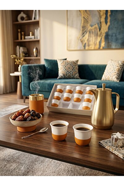 Generic طقم فناجين قهوة أنيق من السيراميك بلون أبيض وبرتقالي – 12 قطعة