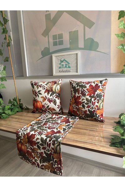 KIRLENTİM 3-Piece-H1314-H1315 Autumn-Patterned-Cushion Cover and Runner Combination