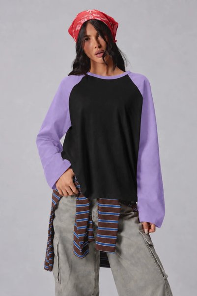 Tarz Cool Kadın Oversize Kontrast Kollu Raglan Bisiklet Yaka Düşük Omuzlu T-S...