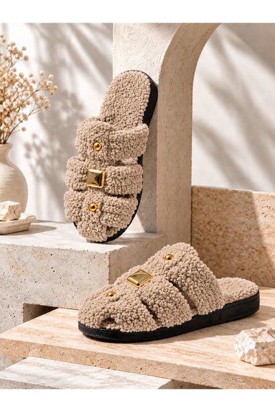 STOCON Women's Mink Plush Cross-Strapped House Slippers with Gold Accessories, Cage Model House Slippers, Dowry Gift Slippers Stc1372
