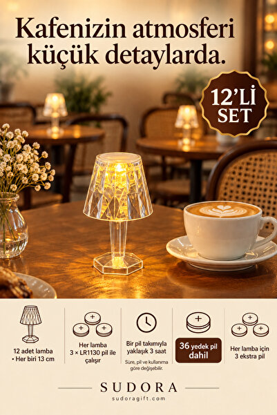 sudora 12’li Mini LED Masa Lambası Seti 13 cm Pilli Kafe Restoran Dekoru + Ye...