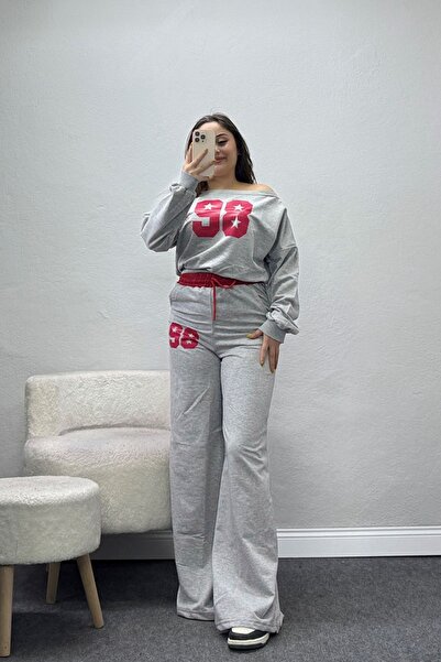 BELENDİR Women's 2 Threaded Yacht Neck Tracksuit Set Gray Red