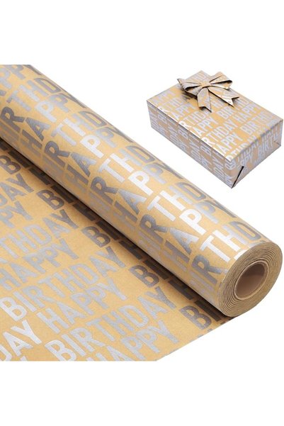KASTWAVE Silver Birthday Wrapping Paper Roll 43cm x 3m, Brown Kraft Gift Wrap...