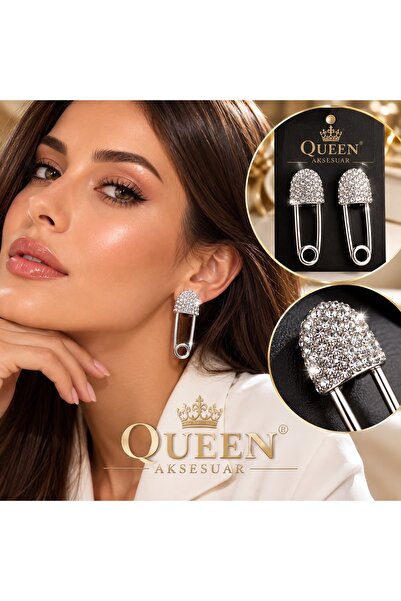 QUEEN AKSESUAR Silver Grey Colored Safety Pin Design with Crystal Stone Dangl...