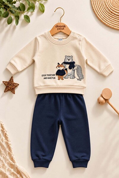 dinamik çocuk Baby boy fox bear hedgehog printed plush detailed sweatshirt tr...