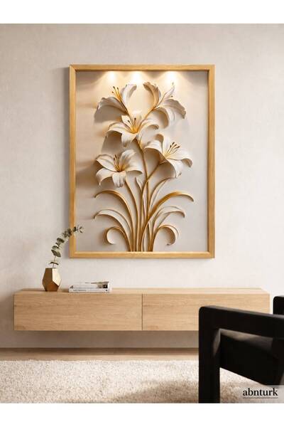 abnturk 58x43cm Ahşap Görünümlü Boyutlu 3D Kabartmalı Beyaz Zambak Tasarımlı ...