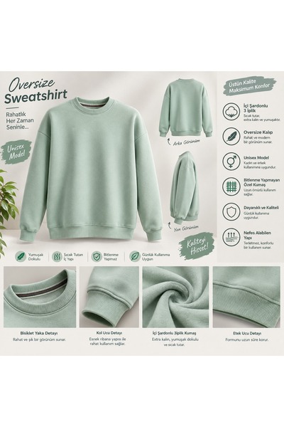 3iplik Şardonlu Extra Kalın Yumuşacık İçi Polarlı Tüylenme Bitlenme Yapmaz Oversize Geniş Kesim Bisiklet Yaka Sweatshirt Baskısız Düz Renk Sade Ünisex Model Hem Kadın Hem Erkek Kullanabilir