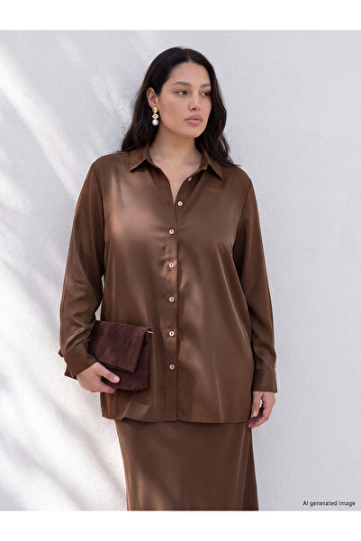 LC Waikiki Lcw Curve Brown Large Size Women's Shirt with Nevavm Difference