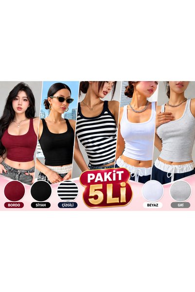 MADALİNA Kadın 5li Paket Kaşkorse Kumaş Geniş Askı Bluz Bordo, Siyah, Çizgili...