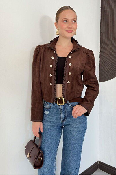 Cistern İstanbul Women's Ruffle Detailed Double-Breasted Suede Jacket
