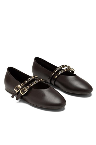 Dedos Women's Brown Double Belt Buckle Staple-Style Ballerina Shoes